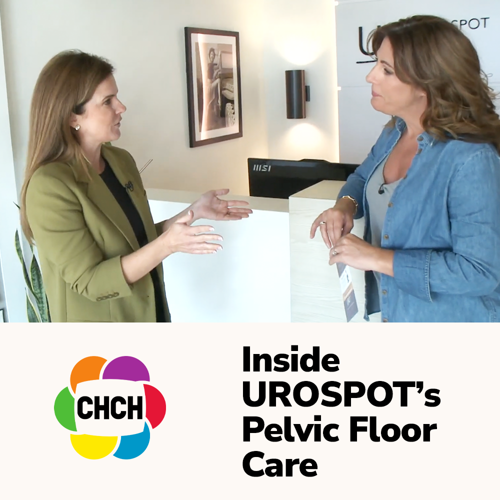 Two women engaged in a conversation about UROSPOT's pelvic floor care in a modern office setting.