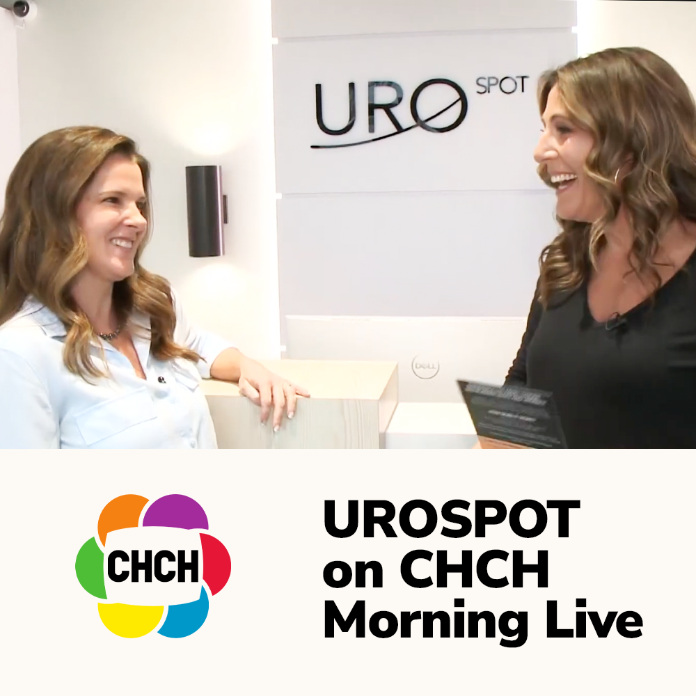 Two women engaging in conversation at UROSPOT, with the UROSPOT logo visible in the background during a segment on CHCH Morning Live.