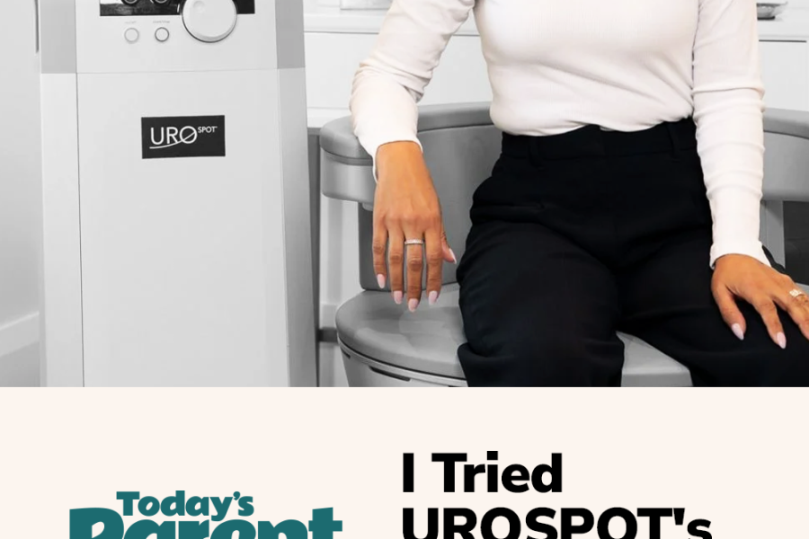 White-clad woman seated by the UROSPOT Kegel Throne with Today’s Parent logo and “I Tried UROSPOT’s Kegel Throne” text.