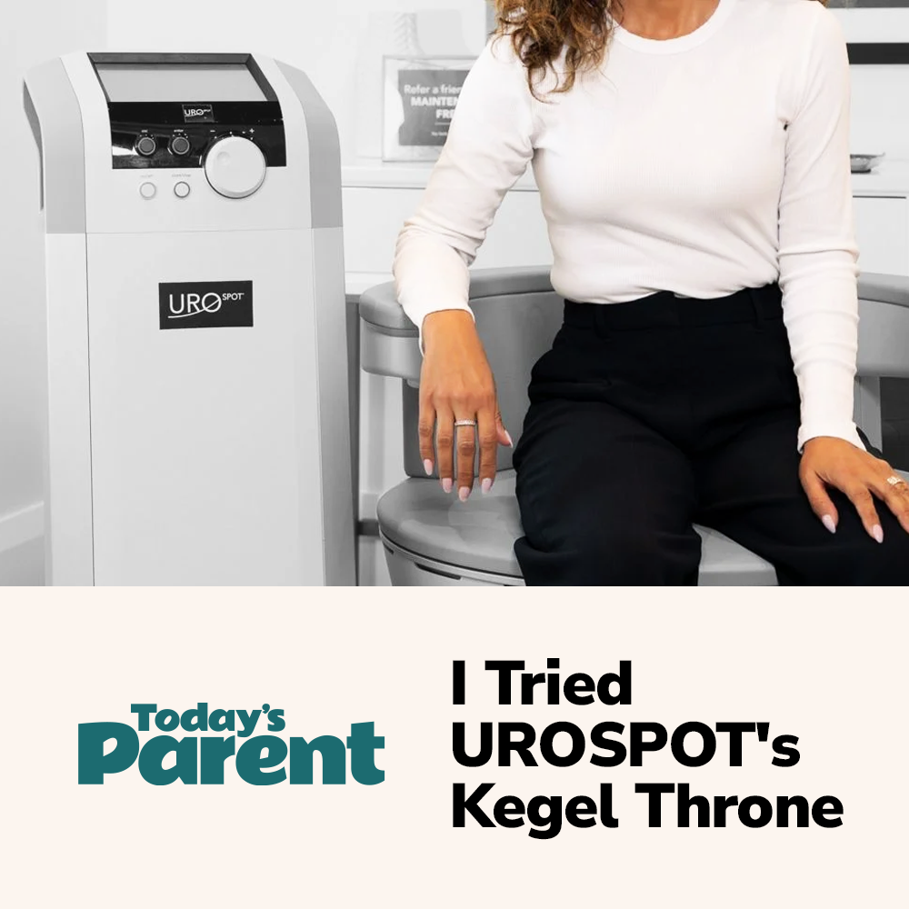 White-clad woman seated by the UROSPOT Kegel Throne with Today’s Parent logo and “I Tried UROSPOT’s Kegel Throne” text.